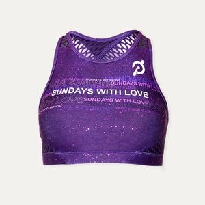 Peloton Sundays with Love Purple Glitter Sports Bra WITH Wear it to Heart